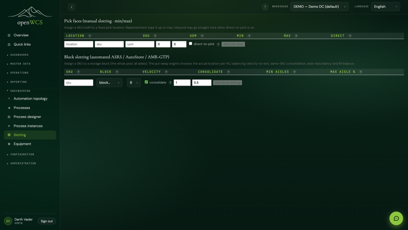 The slotting and replenishment screen with placement suggestions.